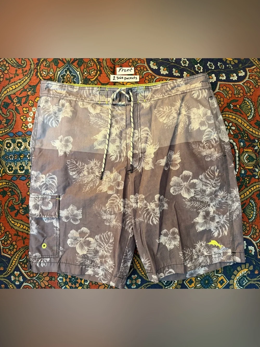 Tommy Bahama Gray Floral Swim Board Shorts with Lime Waistband
